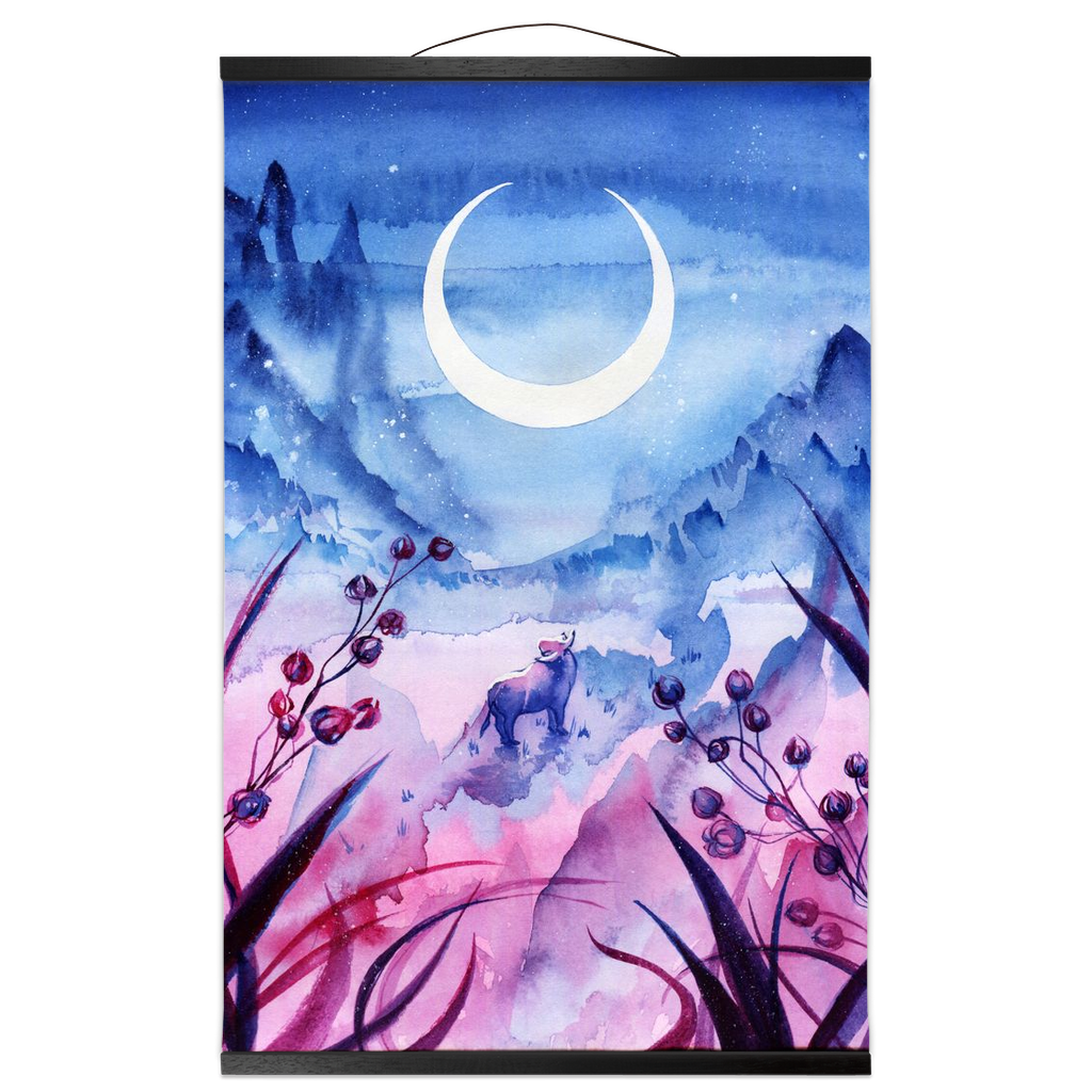 Ox Under the Moon - Hanging Canvas Scroll