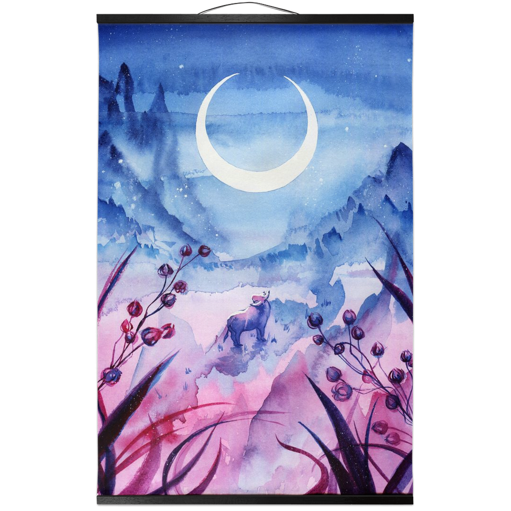 Ox Under the Moon - Hanging Canvas Scroll